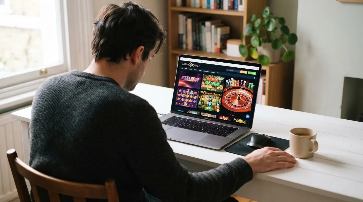 Person am Laptop liest eine Übersichtsseite zu Geldspielen im Internet — 10 franken bonus ohne einzahlung casino
