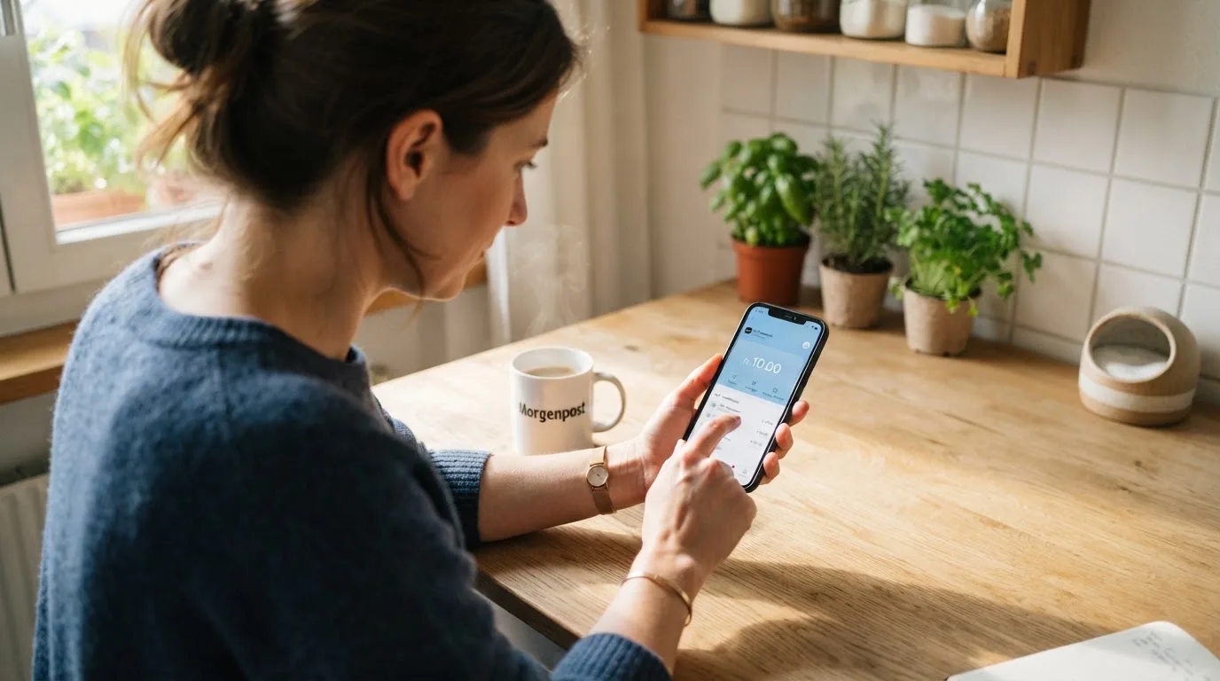 Frau tippt konzentriert auf ihrem Smartphone an einem Küchentisch, eine Tasse Kaffee steht griffbereit daneben.