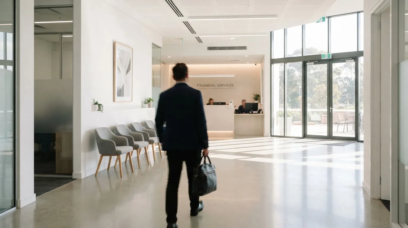 Blick auf eine helle Bankfiliale mit Wartebereich, im Vordergrund unscharf eine Person mit Jacke.