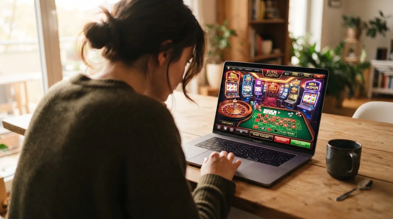 Person am Laptop liest eine Übersichtsseite zu Geldspielen im Internet — 15 franken bonus ohne einzahlung casino