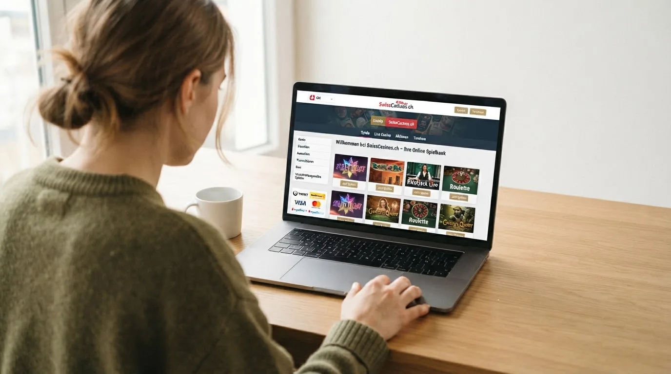Person am Laptop liest eine Übersichtsseite zu Geldspielen im Internet — 150 freispiele ohne einzahlung