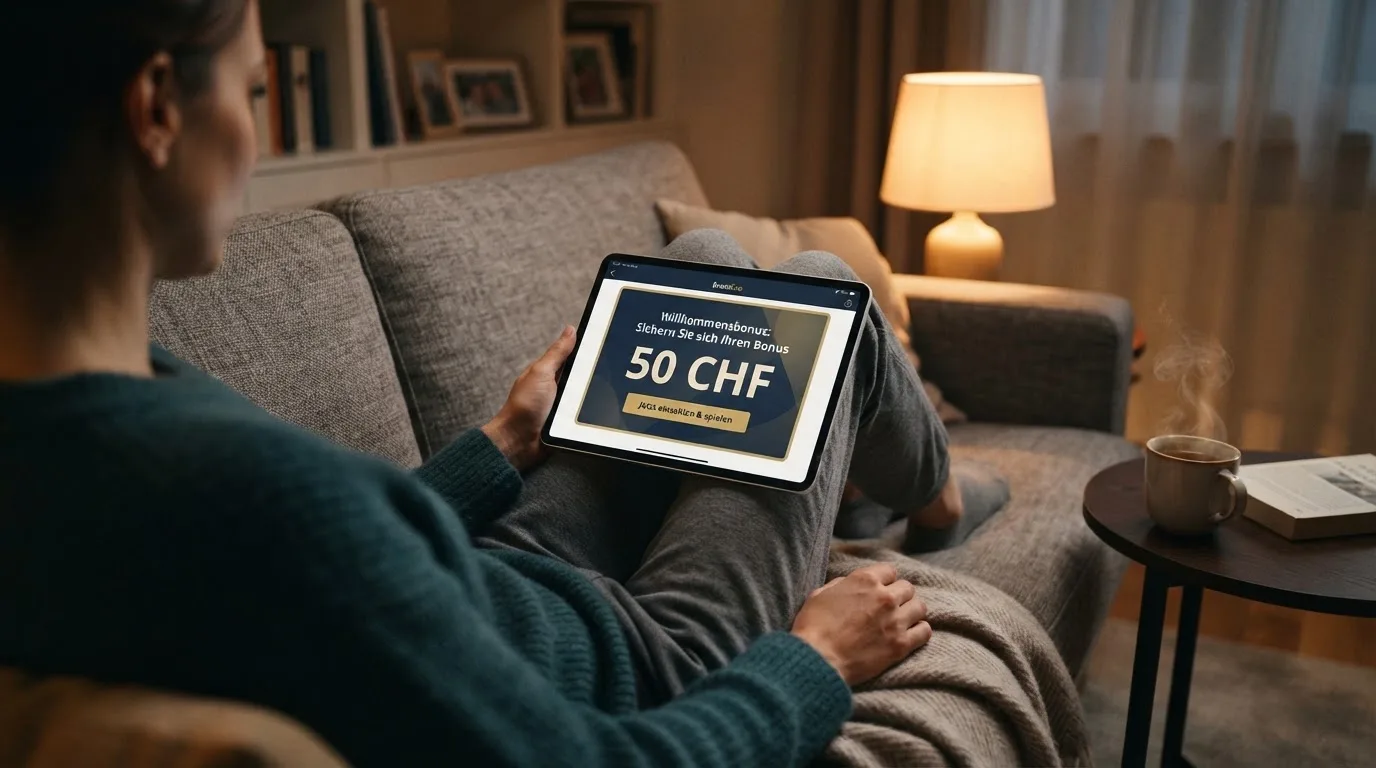 Person sitzt entspannt mit Tablet auf dem Sofa, warmes Lampenlicht, eine Tasse Tee steht daneben auf einem kleinen Tisch.