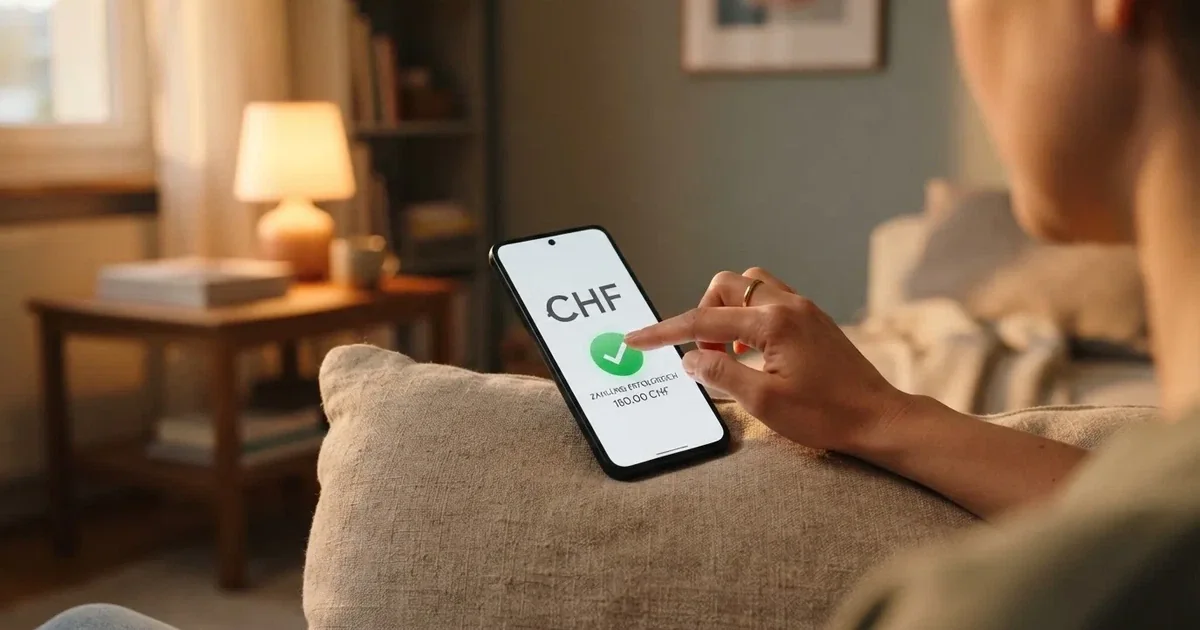 Nahaufnahme einer Hand, die auf einem Smartphone eine Zahlungsbestätigung antippt, im Hintergrund eine gemütliche Wohnzimmerecke am Abend.