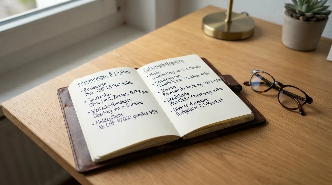 Ein Notizbuch mit handschriftlichen Stichpunkten liegt neben einer Brille auf einem Holzschreibtisch bei Tageslicht.