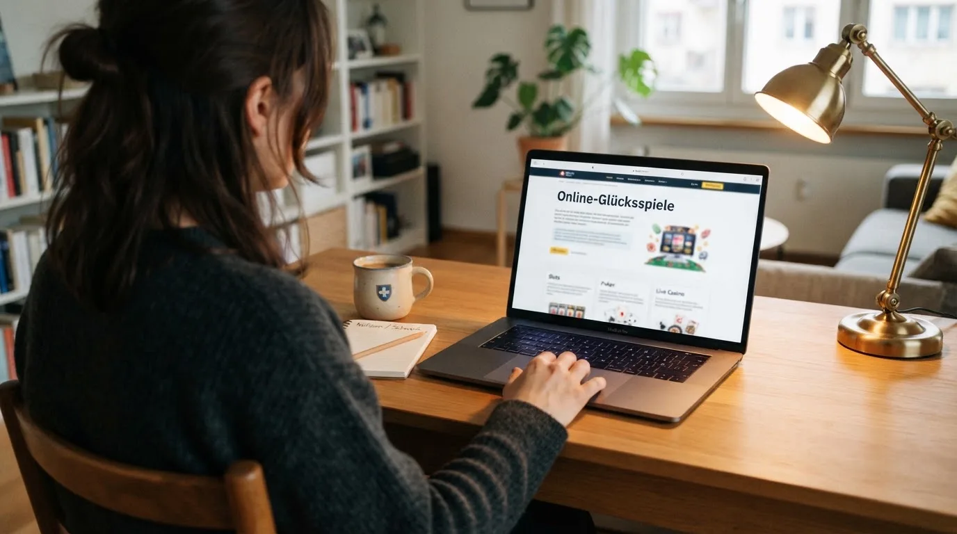 Person am Laptop liest eine Übersichtsseite zu Geldspielen im Internet — aviator online casino