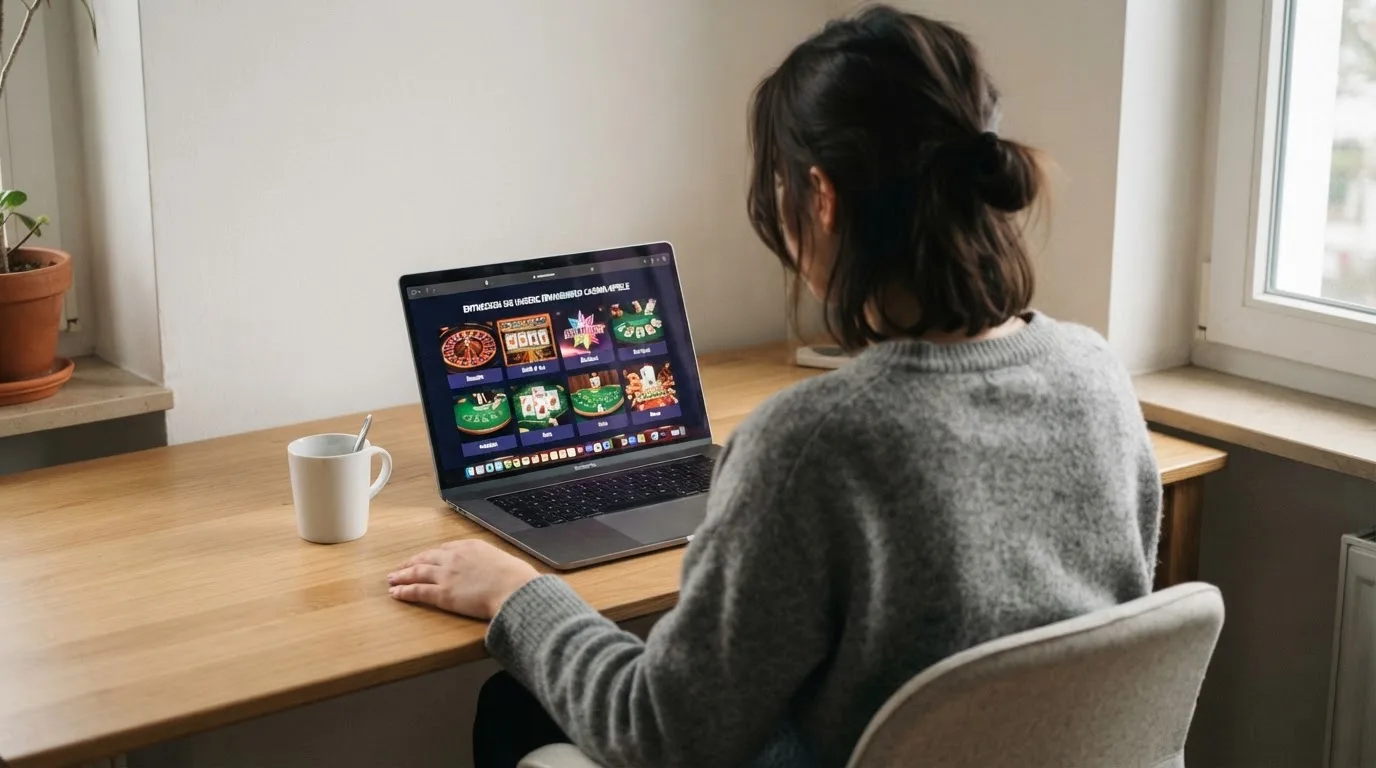 Person am Laptop liest eine Übersichtsseite zu Geldspielen im Internet — best crypto casino schweiz