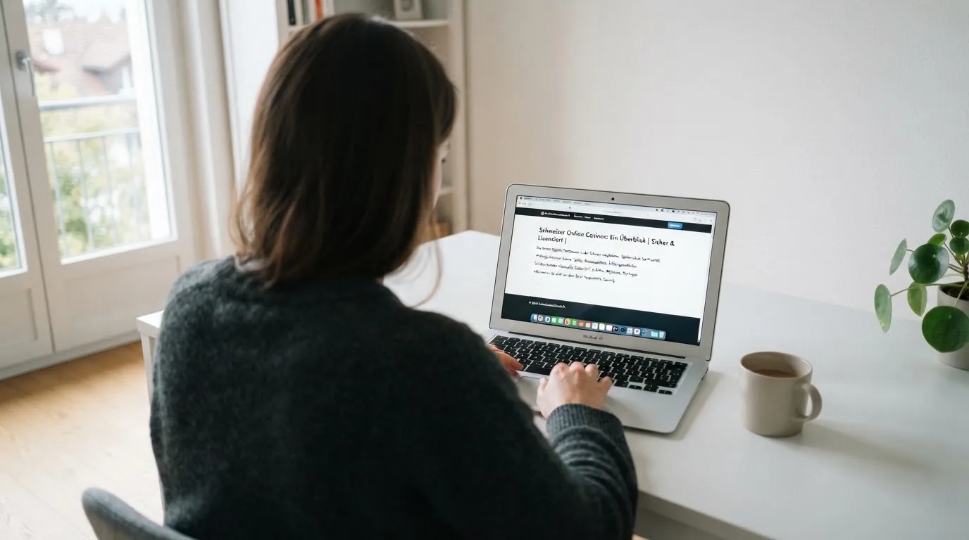 Person am Laptop liest eine Übersichtsseite zu Geldspielen im Internet — beste ausländische casinos für schweizer spieler