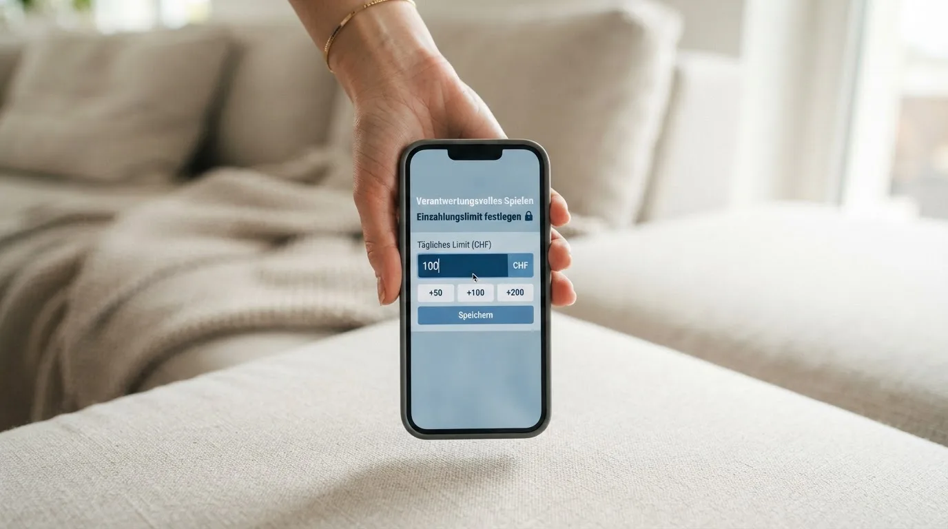 Hand hält ein Smartphone mit einem Formular zur Einzahlungsgrenze, ruhige Stimmung — beste ausländische casinos für schweizer spieler