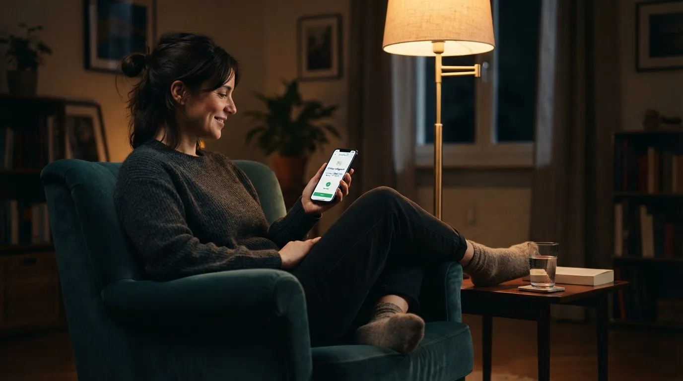 Person sitzt entspannt im Sessel und liest auf ihrem Smartphone, Stehlampe wirft warmes Licht.