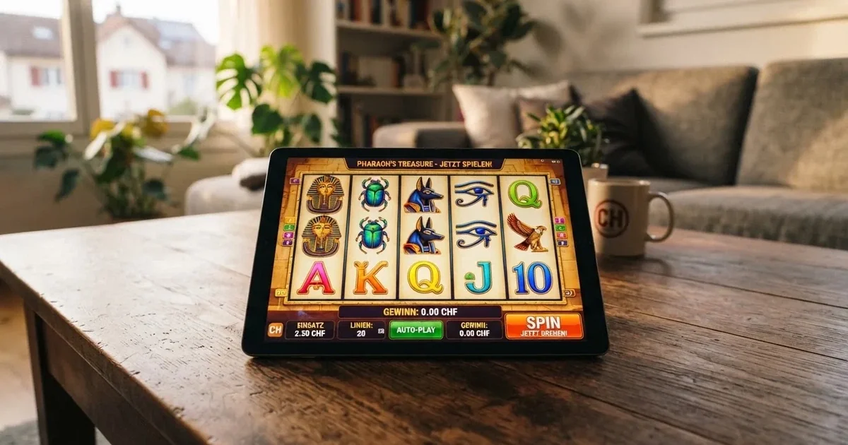 Nahaufnahme eines Tablets mit einer Liste von Automatenspiel-Symbolen auf einem Wohnzimmertisch, warmes Licht.