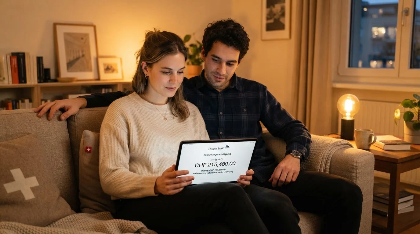 Junges Paar sitzt auf dem Sofa und schaut gemeinsam auf ein Tablet, warmes Wohnzimmerlicht.