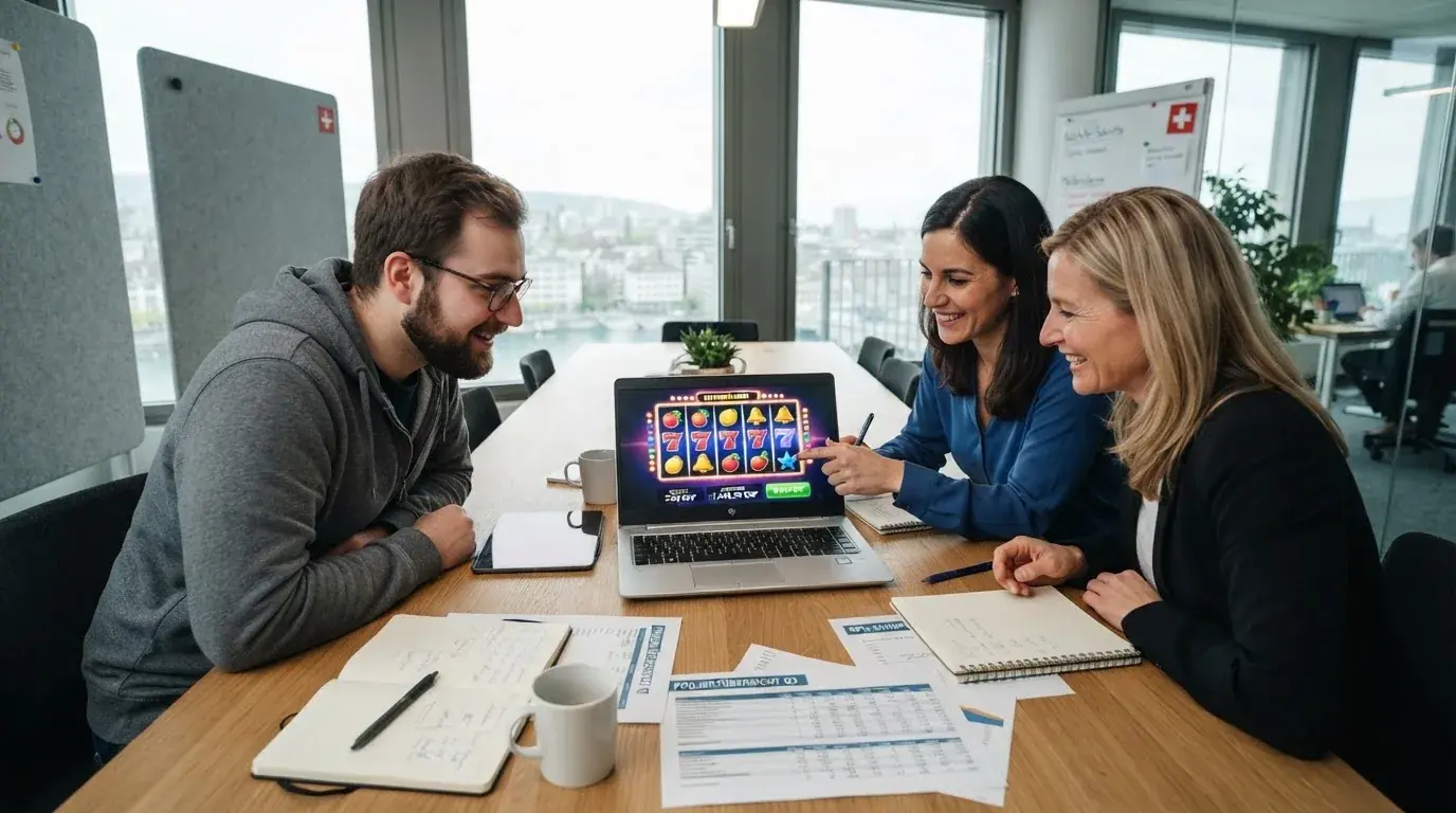 Gruppe von Kollegen sitzt an einem Besprechungstisch mit Laptop und Notizen, grosse Fenster im Hintergrund.