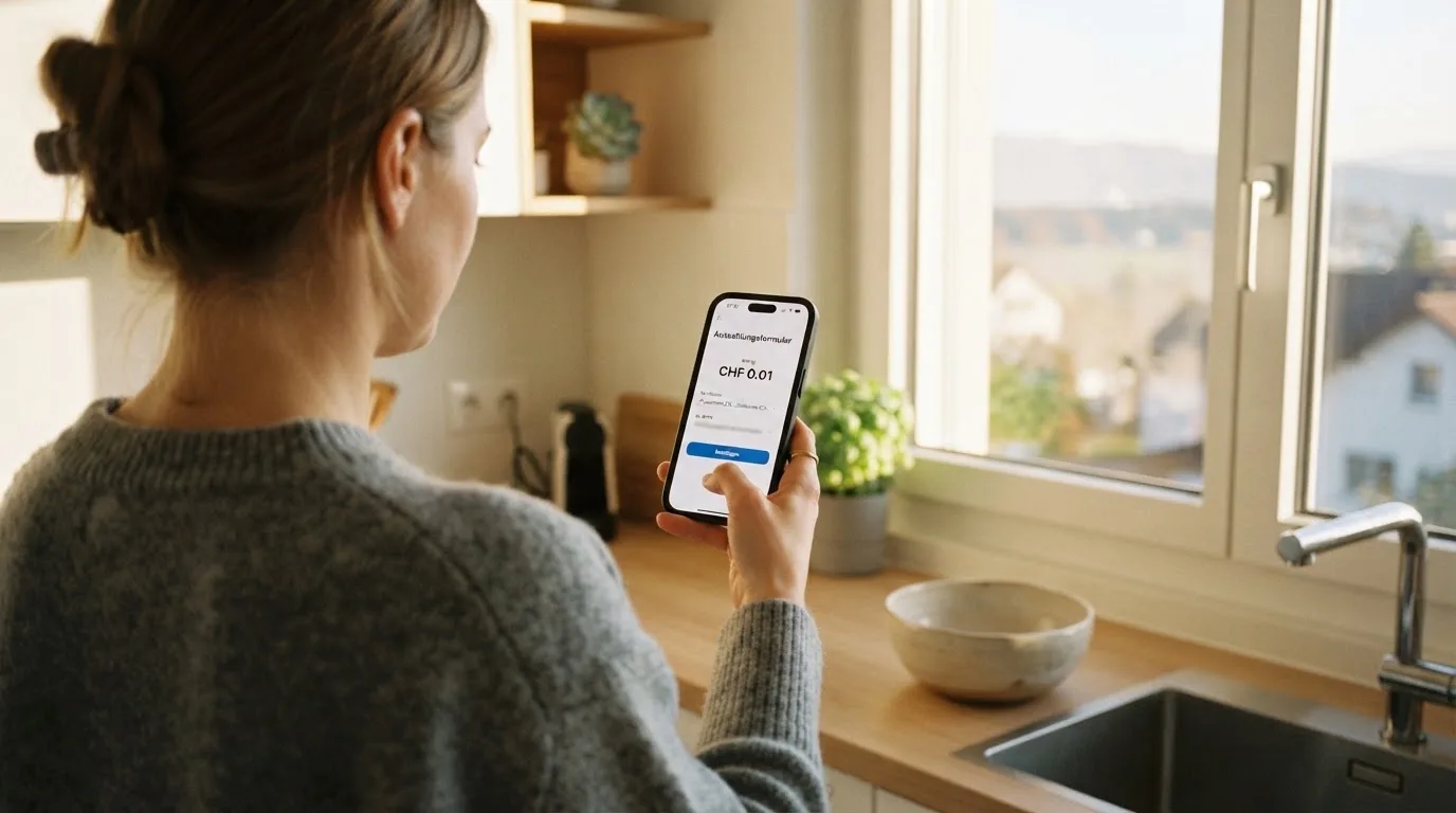 Person steht am Fenster einer Küche und blickt auf ihr Smartphone, Morgenlicht fällt durch die Scheibe.