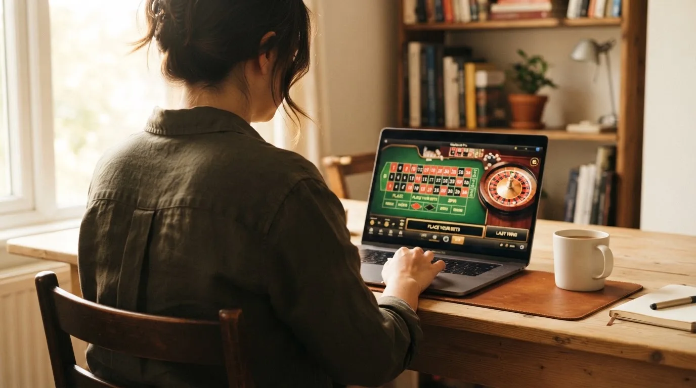 Person am Laptop liest eine Übersichtsseite zu Geldspielen im Internet — beste casino ohne verifizierung auszahlen
