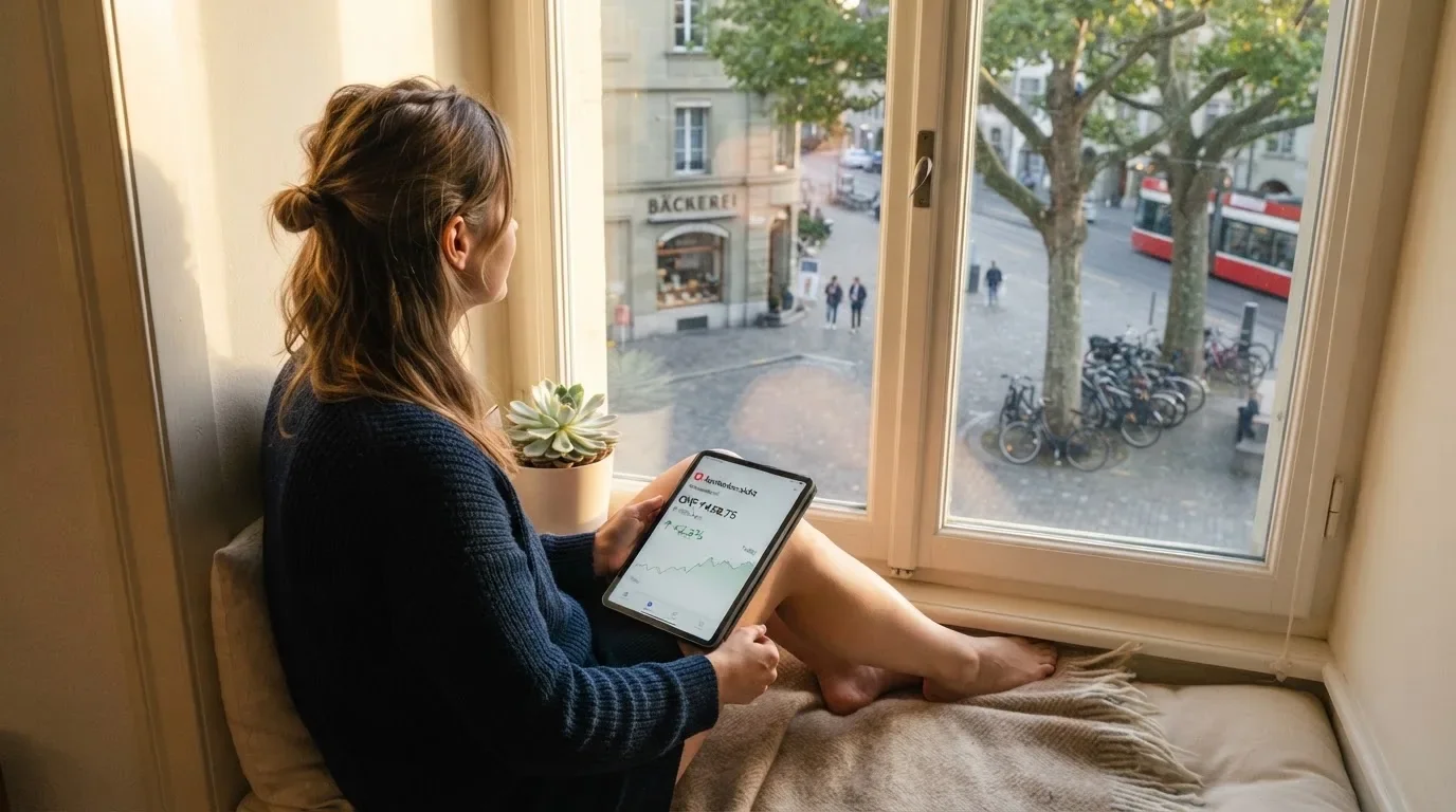 Frau sitzt mit einem Tablet auf einer Fensterbank, Blick nach draussen auf eine ruhige Strasse.