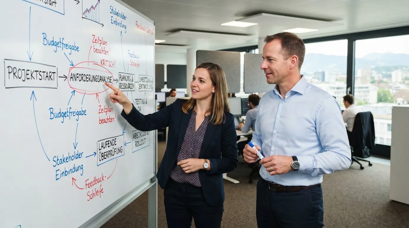 Zwei Kollegen besprechen an einem Whiteboard mit Notizen einen Ablauf, Grossraumbüro im Hintergrund.