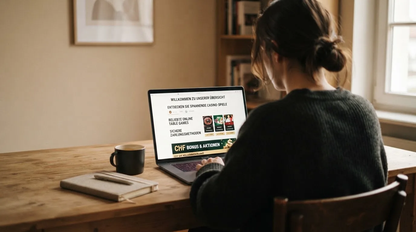 Person am Laptop liest eine Übersichtsseite zu Geldspielen im Internet — beste craps online casinos schweiz