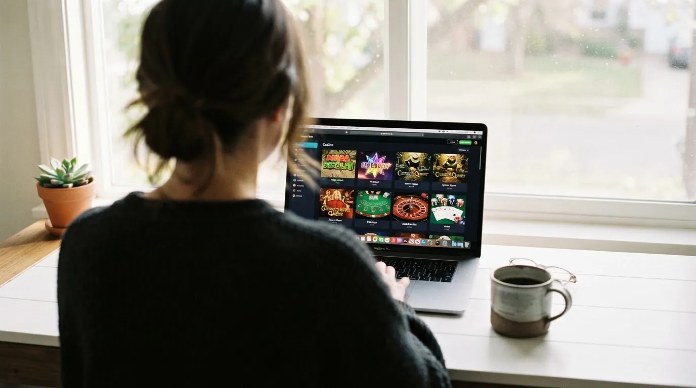 Person am Laptop liest eine Übersichtsseite zu Geldspielen im Internet — beste online casino ausland