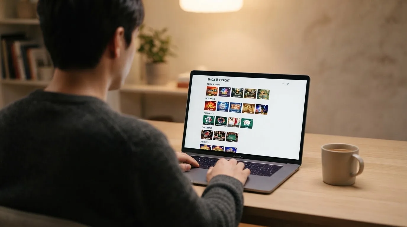 Person am Laptop liest eine Übersichtsseite zu Geldspielen im Internet — beste online casino echtgeld app