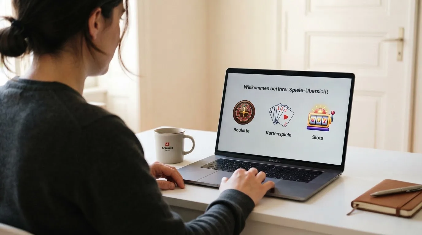Person am Laptop liest eine Übersichtsseite zu Geldspielen im Internet — beste online casino mit apple pay bezahlen