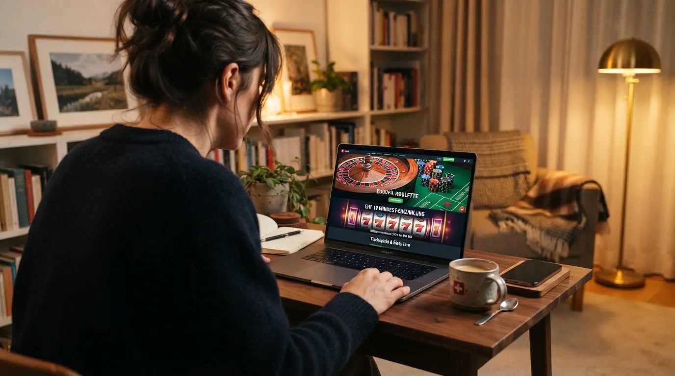 Person am Laptop liest eine Übersichtsseite zu Geldspielen im Internet — beste online casino mit banküberweisung bezahlen