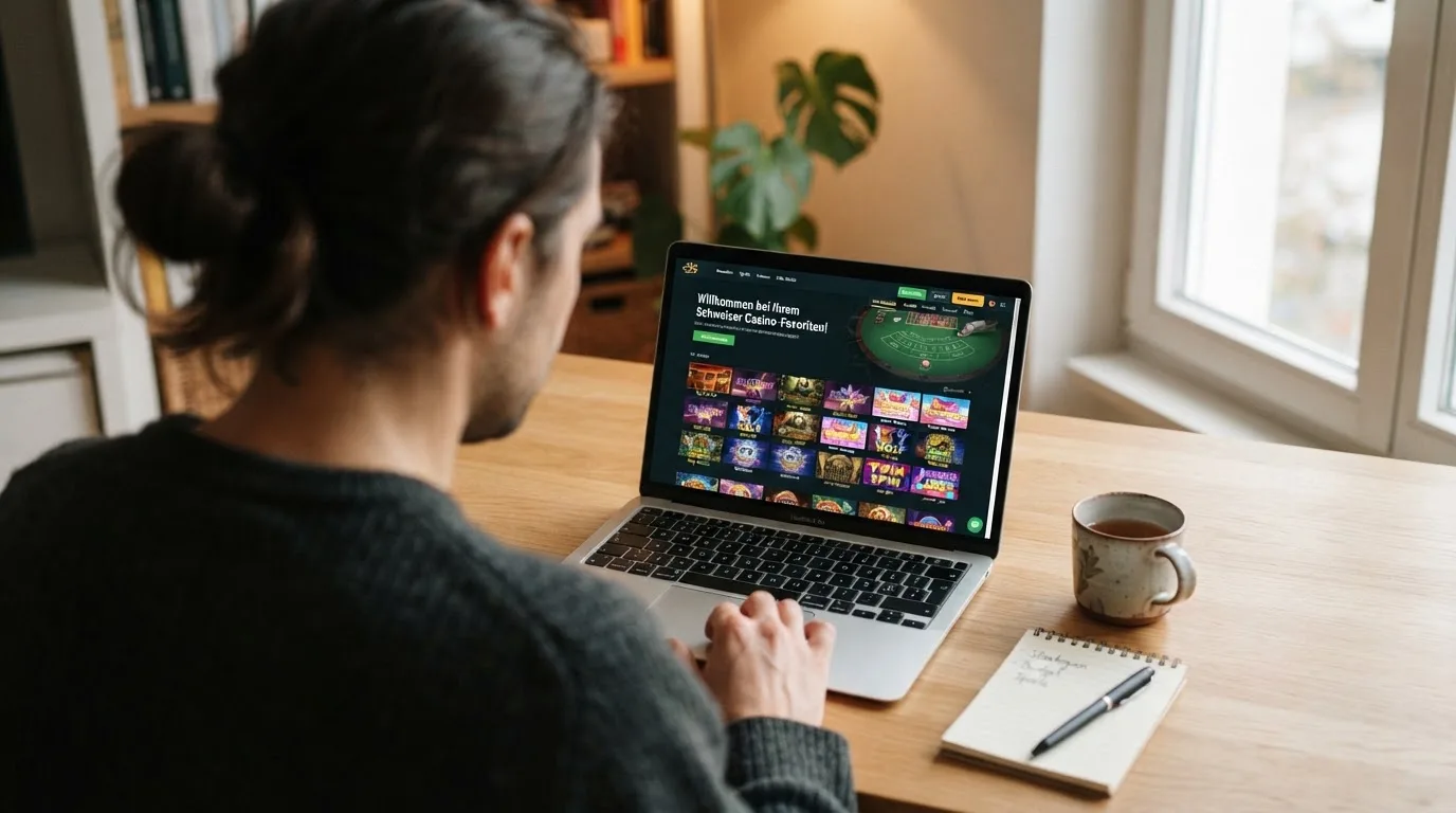 Person am Laptop liest eine Übersichtsseite zu Geldspielen im Internet — beste online casino mit cashtocode bezahlen