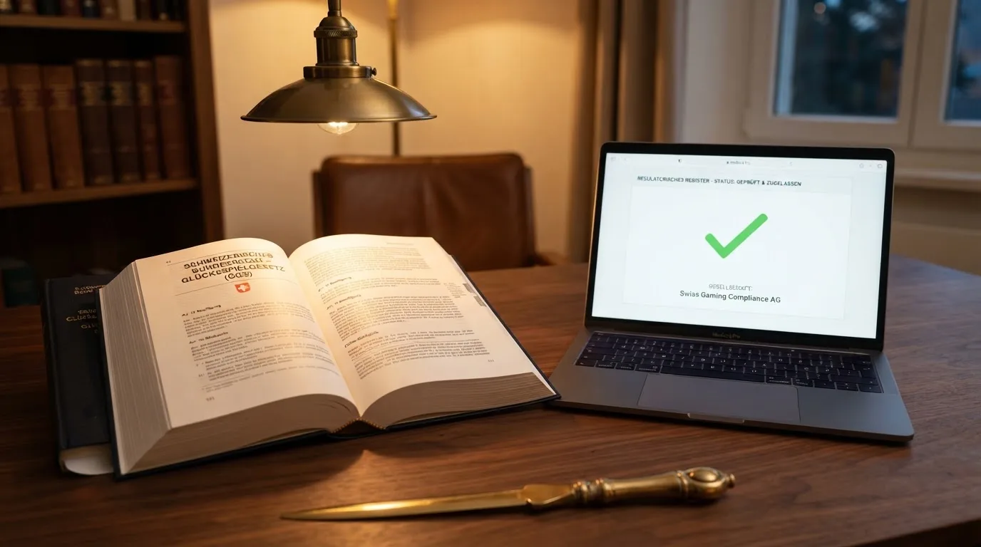 Amtliches Schreiben mit Stempel auf einem Schreibtisch neben einem Gesetzbuch — beste online casino schweiz