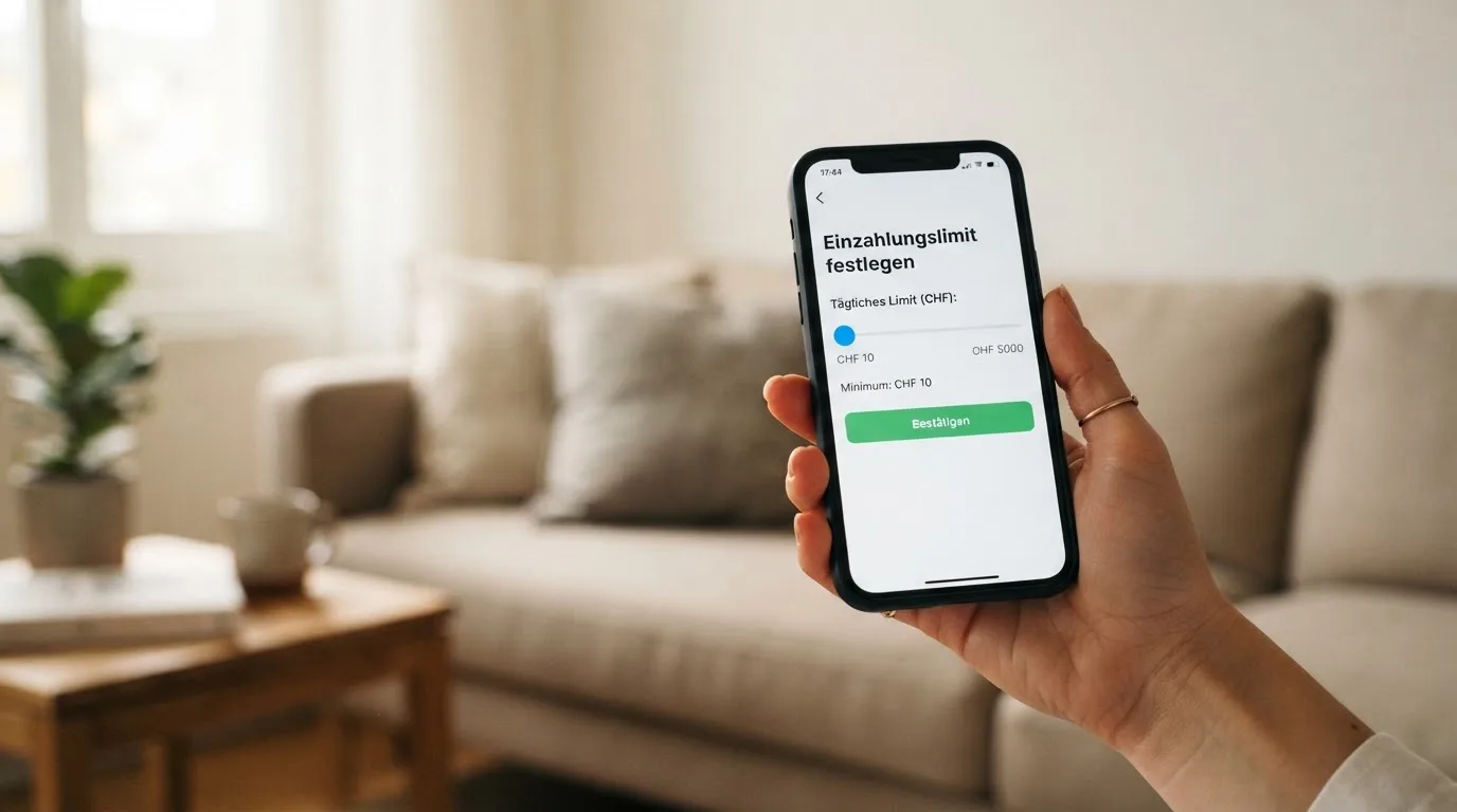 Hand hält ein Smartphone mit einem Formular zur Einzahlungsgrenze, ruhige Stimmung — beste online casino schweiz