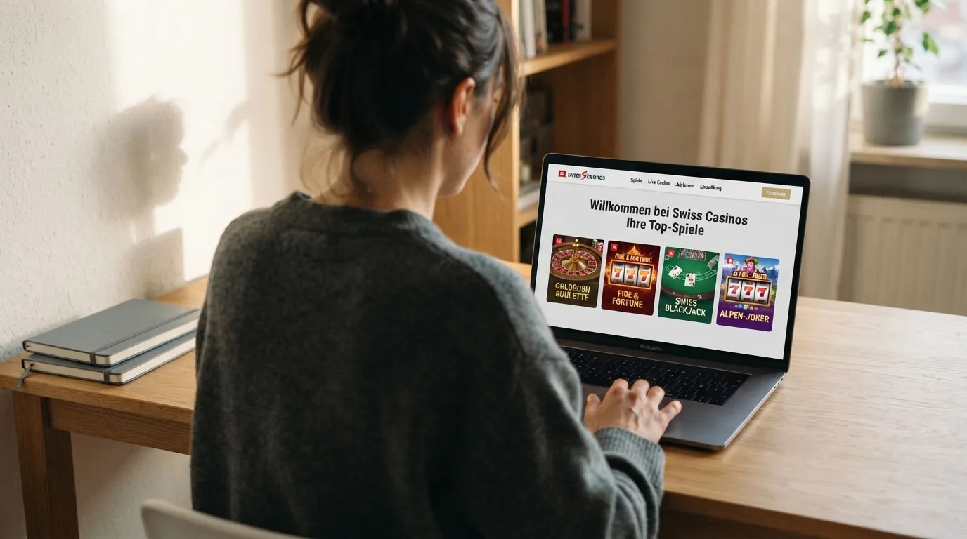 Person am Laptop liest eine Übersichtsseite zu Geldspielen im Internet — beste online casinos ohne verifizierung