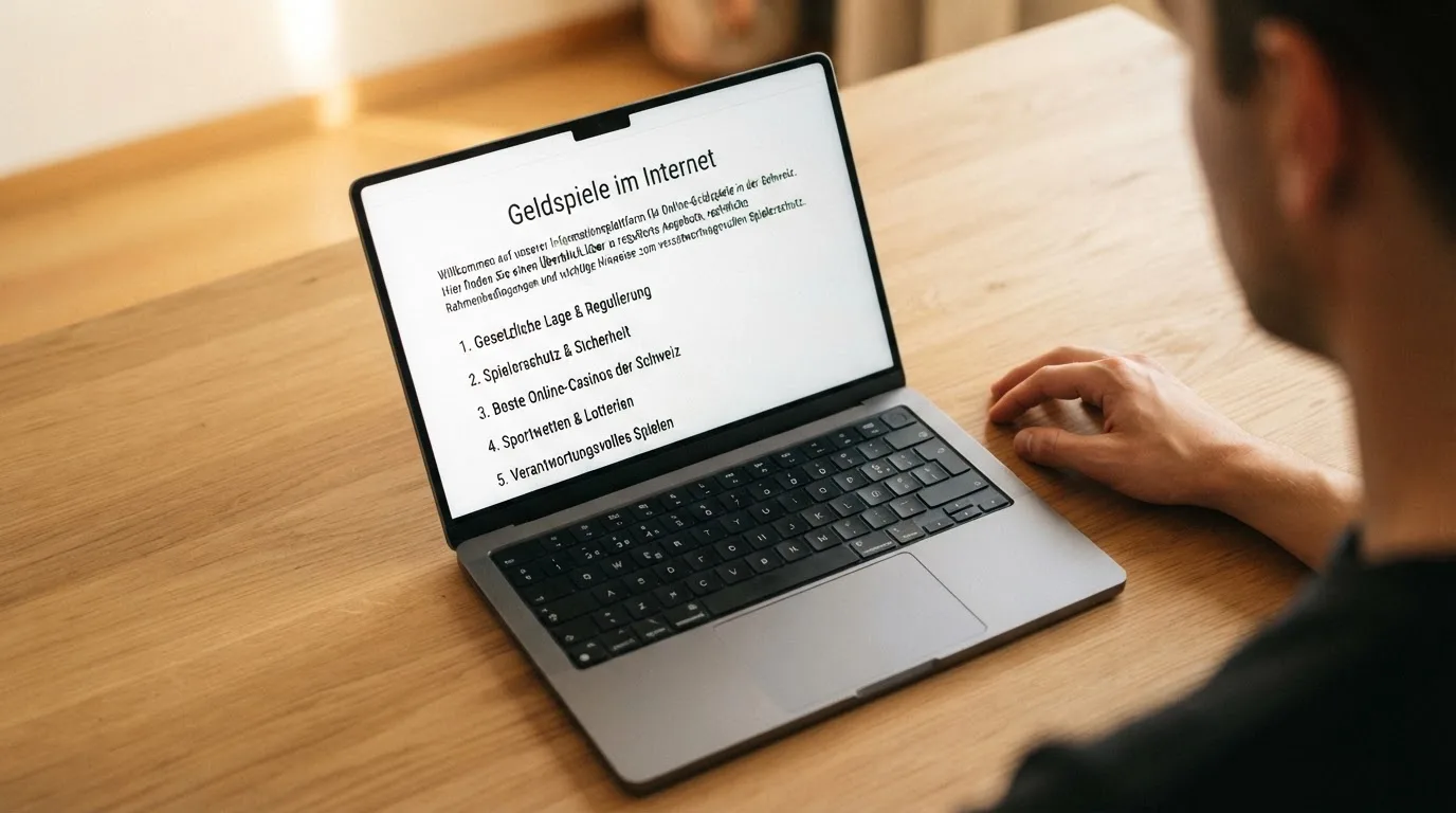 Person am Laptop liest eine Übersichtsseite zu Geldspielen im Internet — beste online casinos schweiz mit no deposit bonus