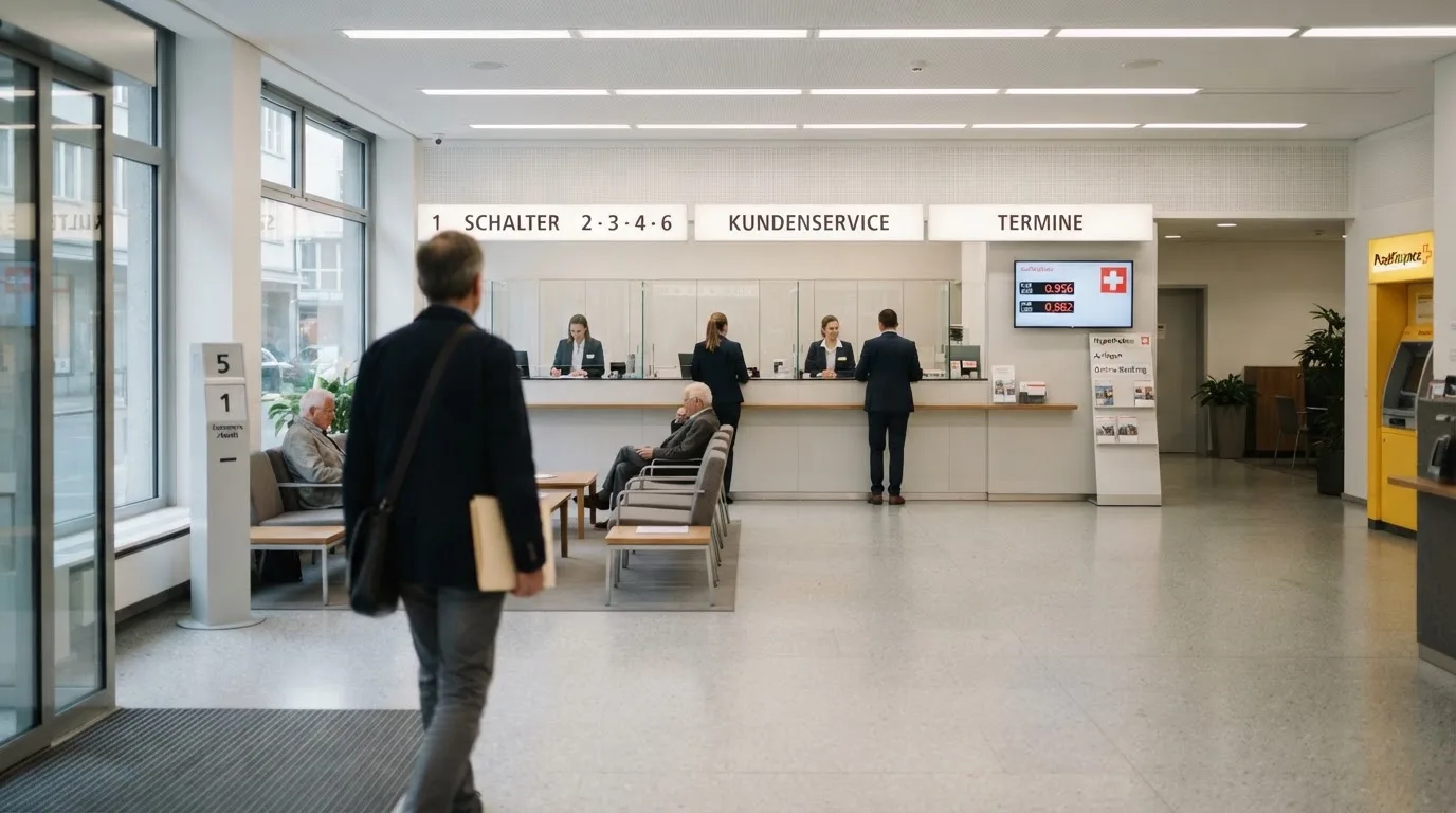 Blick auf eine helle Bankfiliale mit Wartebereich, im Vordergrund unscharf eine Person mit Jacke.