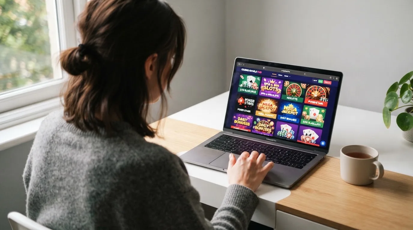 Person am Laptop liest eine Übersichtsseite zu Geldspielen im Internet — binance coin casino vergleich