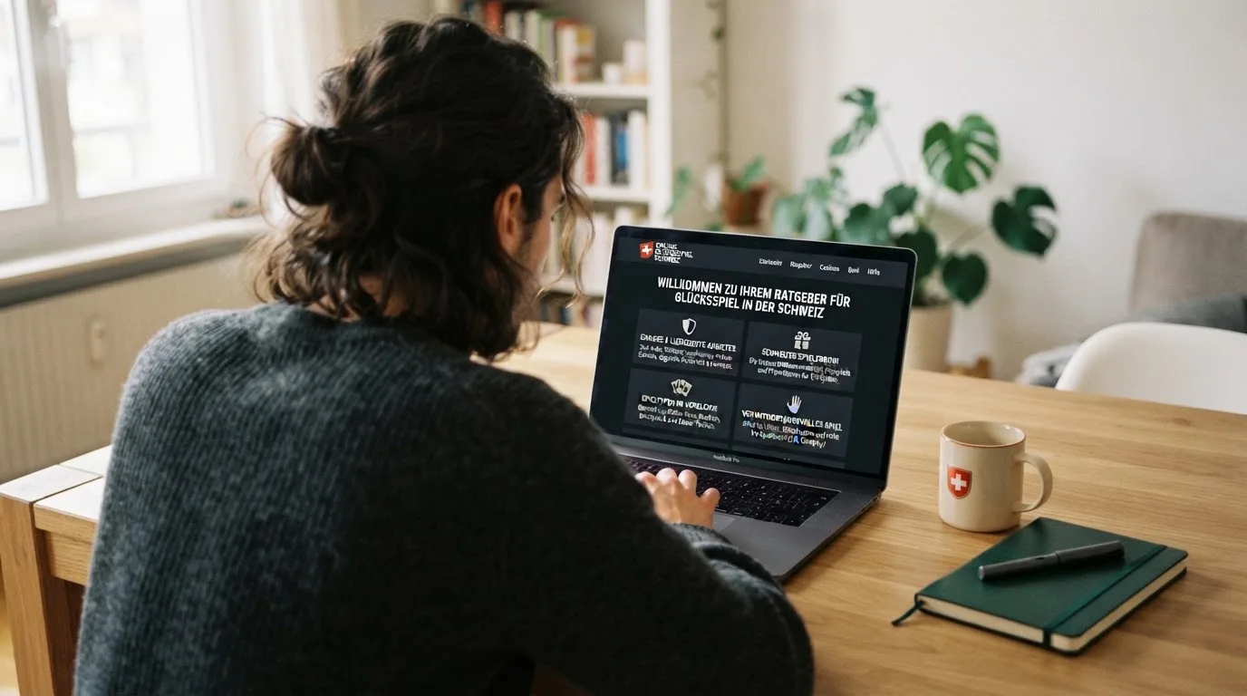 Person am Laptop liest eine Übersichtsseite zu Geldspielen im Internet — casino bonus ohne einzahlung