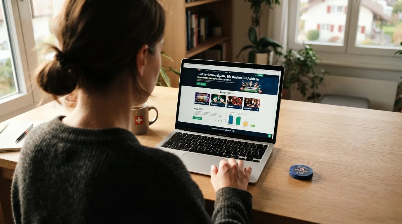 Person am Laptop liest eine Übersichtsseite zu Geldspielen im Internet — casino mit hoher gewinnchance