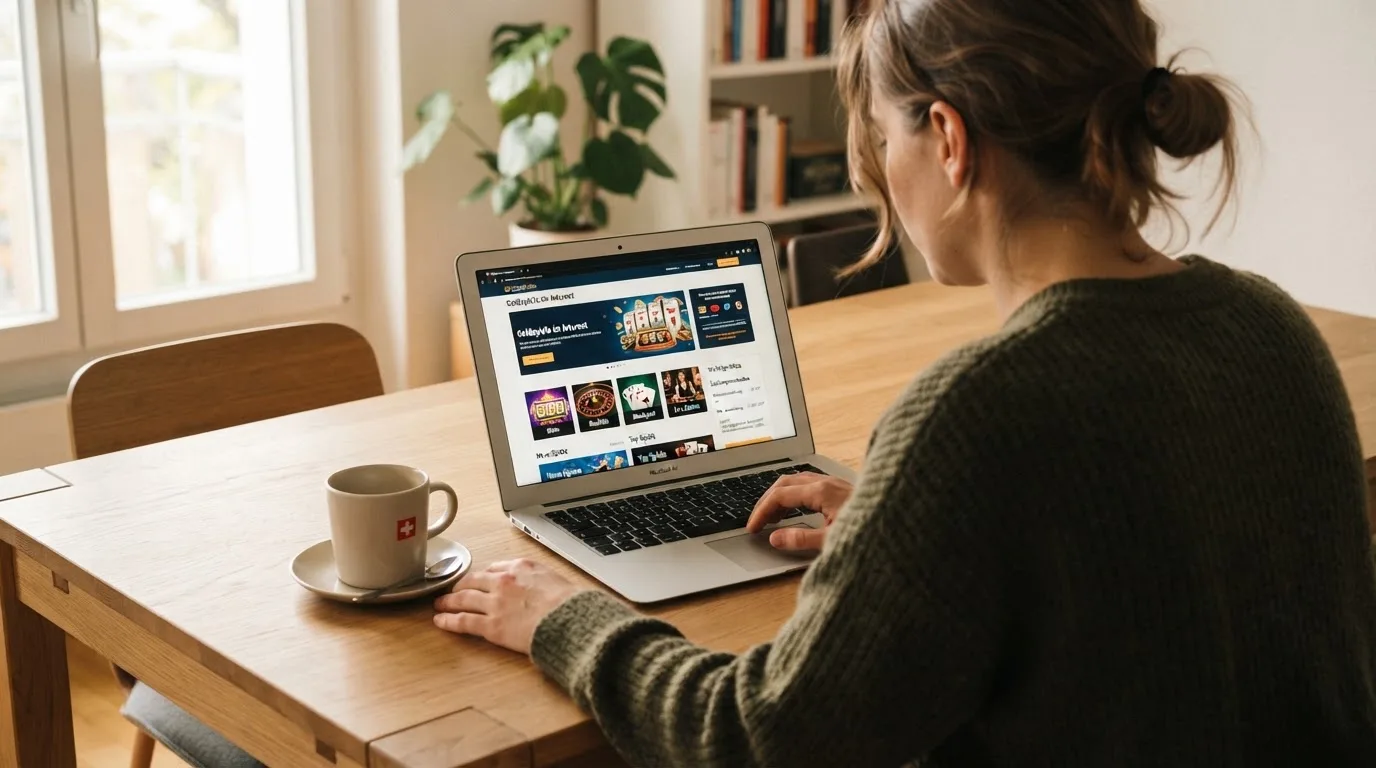 Person am Laptop liest eine Übersichtsseite zu Geldspielen im Internet — casino online mit bonus ohne einzahlung