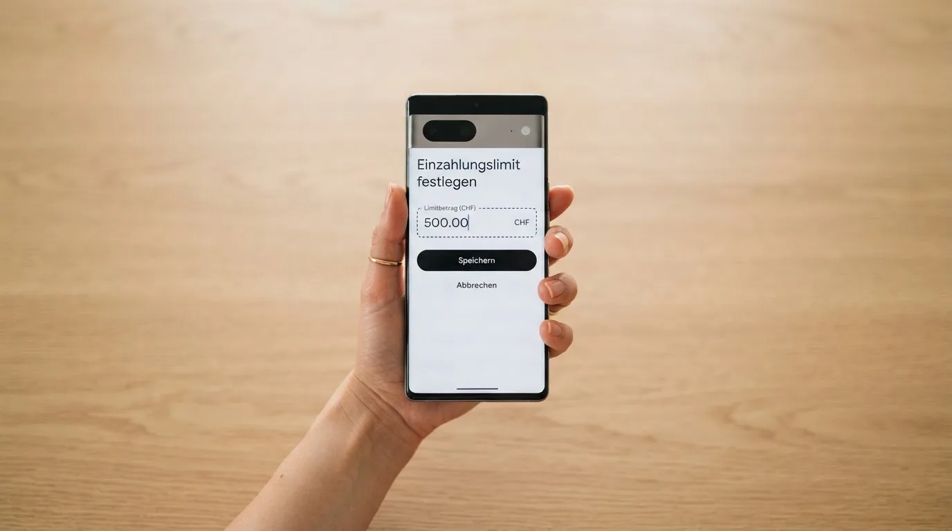 Hand hält ein Smartphone mit einem Formular zur Einzahlungsgrenze, ruhige Stimmung — freie 90 tage qualifikationszeitraum casino