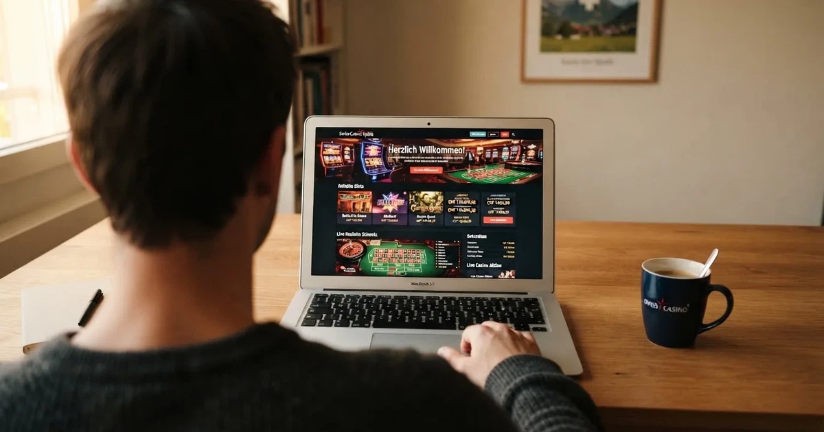 Person am Laptop liest eine Übersichtsseite zu Geldspielen im Internet — freie 90 tage qualifikationszeitraum casino