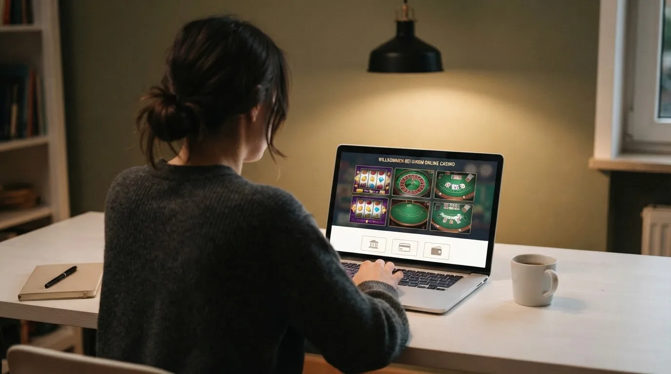 Person am Laptop liest eine Übersichtsseite zu Geldspielen im Internet — handy casino echtgeld bonus ohne einzahlung