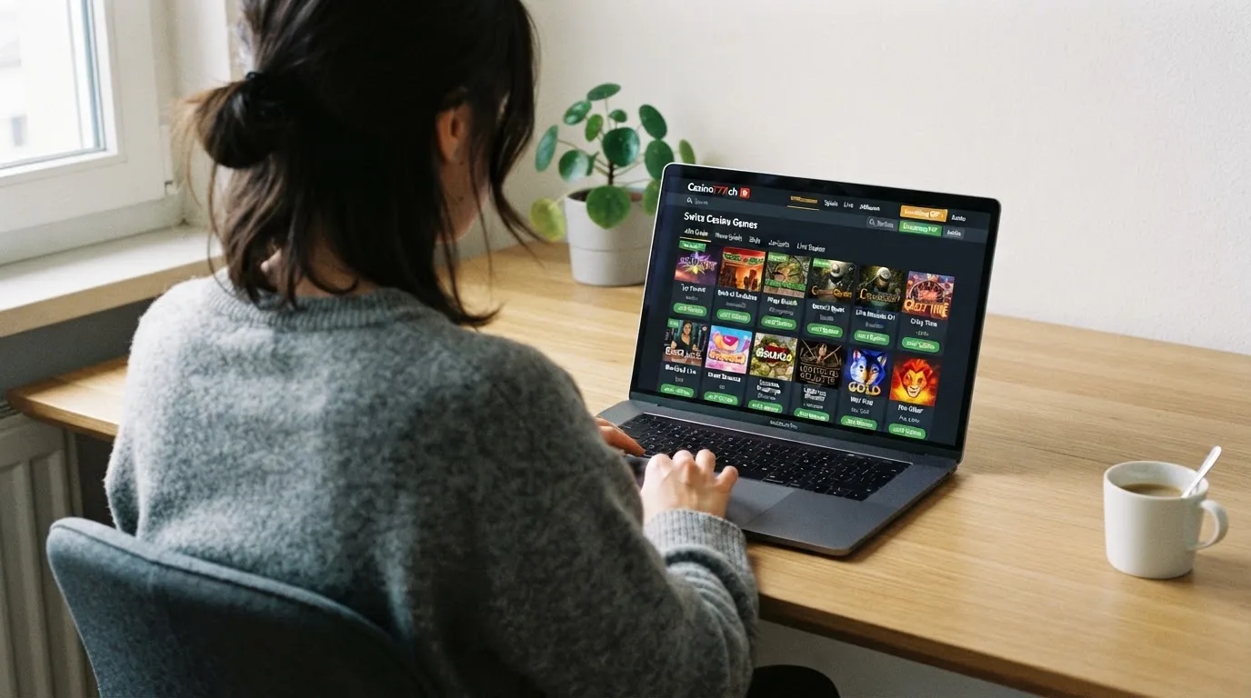 Person am Laptop liest eine Übersichtsseite zu Geldspielen im Internet — online casino bonus ohne einzahlung ohne download