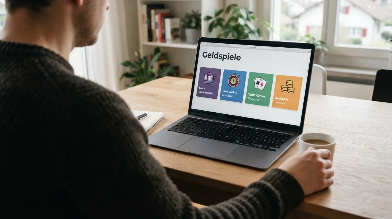Person am Laptop liest eine Übersichtsseite zu Geldspielen im Internet — online casino bonus ohne umsatzbedingungen