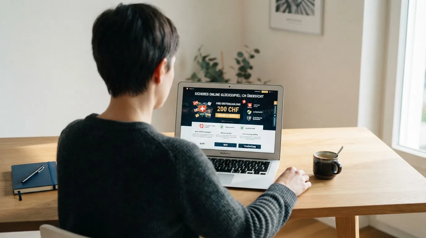 Person am Laptop liest eine Übersichtsseite zu Geldspielen im Internet — online casino einzahlungsbonus