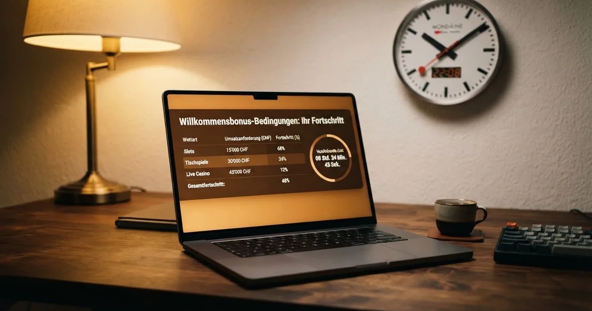Bildschirm mit Bonusbedingungen, Einsatztabelle und einer Uhr im Hintergrund — online casino einzahlungsbonus