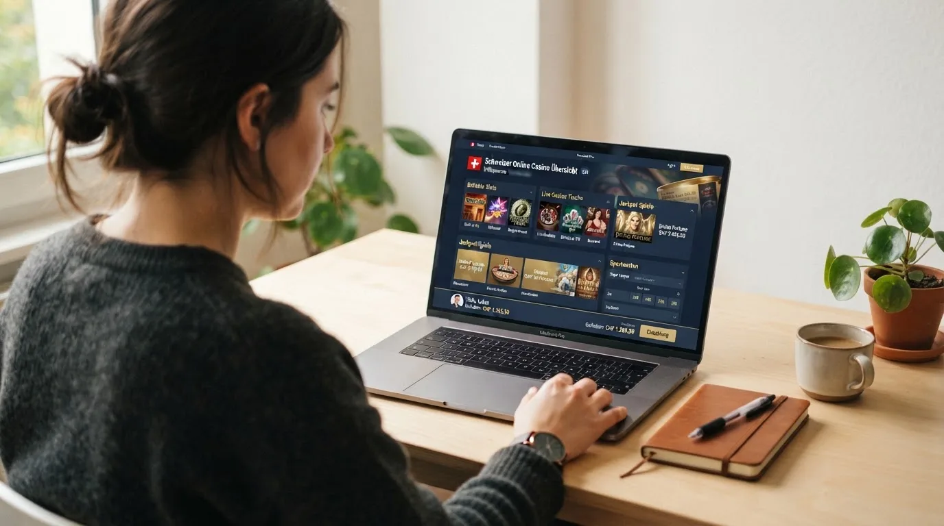 Person am Laptop liest eine Übersichtsseite zu Geldspielen im Internet — online casino gutschein codes