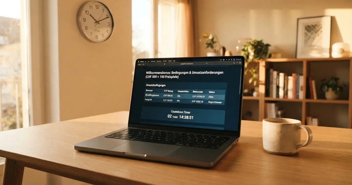 Bildschirm mit Bonusbedingungen, Einsatztabelle und einer Uhr im Hintergrund — online casino gutschein codes