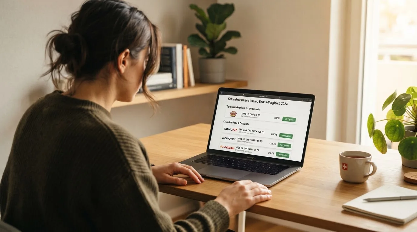 Person am Laptop liest eine Übersichtsseite zu Geldspielen im Internet — online casino mit 100% bonus