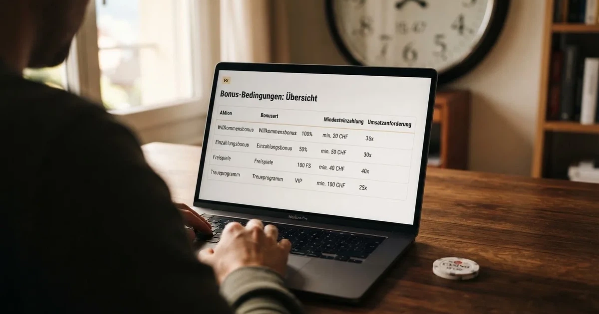 Bildschirm mit Bonusbedingungen, Einsatztabelle und einer Uhr im Hintergrund — online casino mit 100% bonus