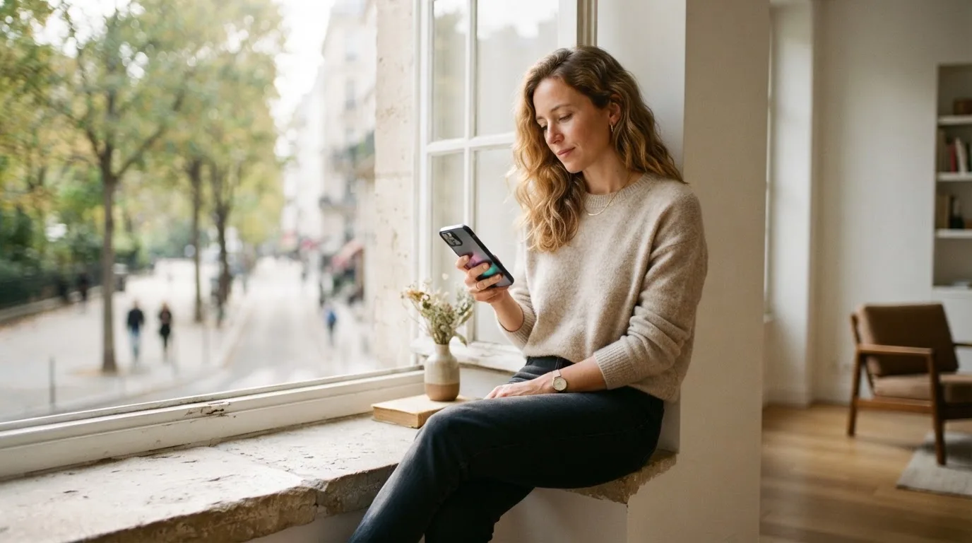 Frau lehnt entspannt an einer Fensterbank und liest auf ihrem Smartphone, Blick auf eine Strasse im Hintergrund.