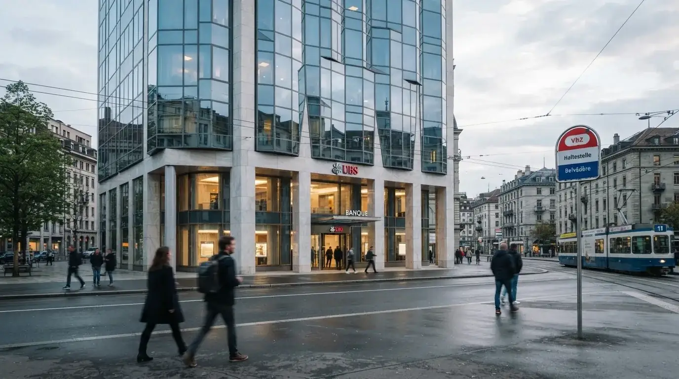 Blick auf ein Bankgebäude mit Glasfassade von der Strasse aus, Passanten gehen unscharf vorbei.