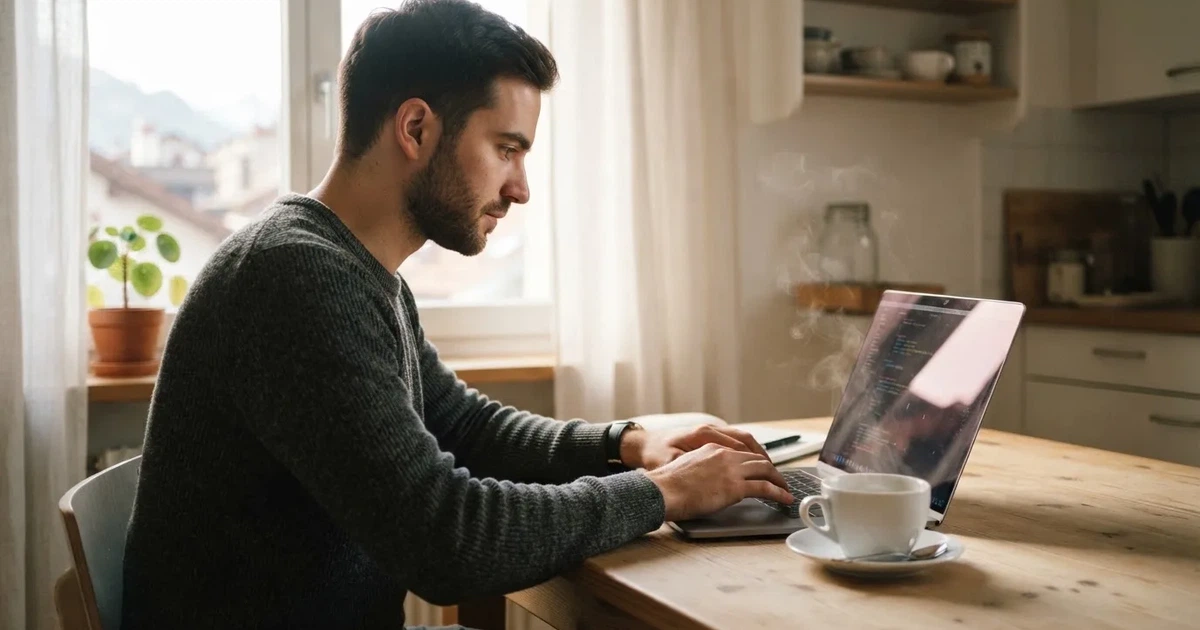 Junger Mann sitzt am Küchentisch und tippt konzentriert auf seinem Laptop, eine Kaffeetasse steht daneben.