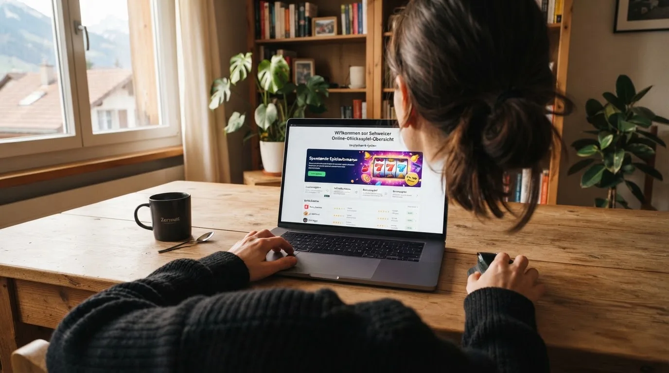 Person am Laptop liest eine Übersichtsseite zu Geldspielen im Internet — online casino mit 300% bonus
